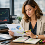 Investisseuse professionnelle analysant des rapports financiers avec graphiques et surligneur sur son bureau