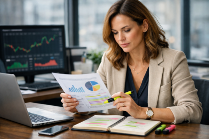 Investisseuse professionnelle analysant des rapports financiers avec graphiques et surligneur sur son bureau