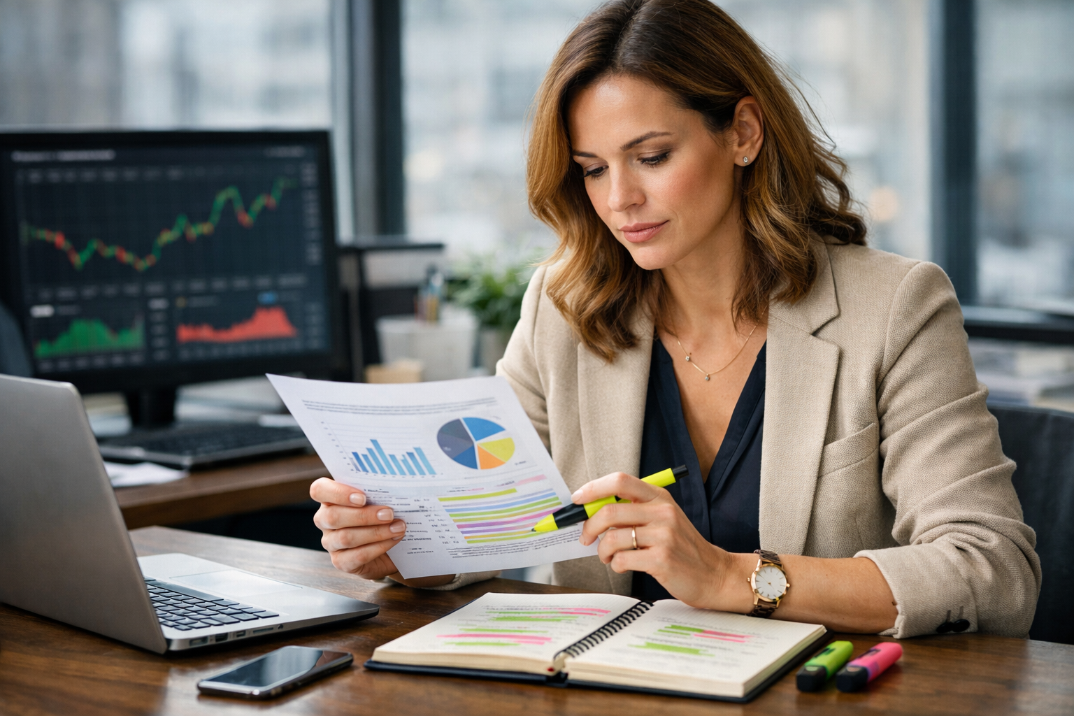 Investisseuse professionnelle analysant des rapports financiers avec graphiques et surligneur sur son bureau