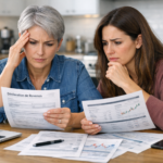 Investisseur boursier analysant documents financiers et portefeuille actions déclaration de revenus