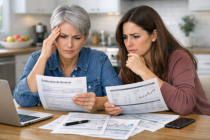 Investisseur boursier analysant documents financiers et portefeuille actions déclaration de revenus