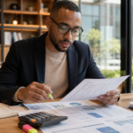 Analyste financier en costume analysant des rapports boursiers avec surligneur et graphiques sur son bureau