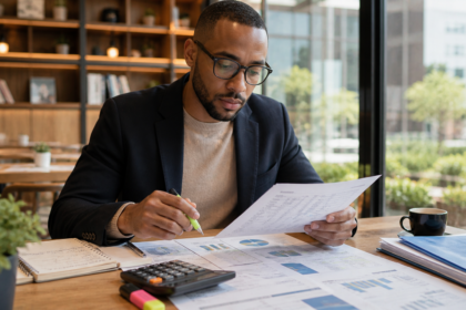Analyste financier en costume analysant des rapports boursiers avec surligneur et graphiques sur son bureau