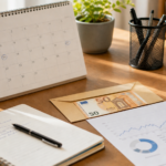 Bureau d’investisseur avec calendrier économique, graphiques boursiers, carnet et enveloppe contenant des euros