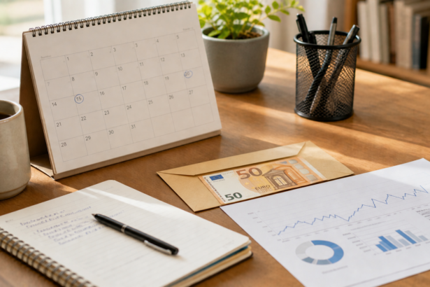 Bureau d’investisseur avec calendrier économique, graphiques boursiers, carnet et enveloppe contenant des euros