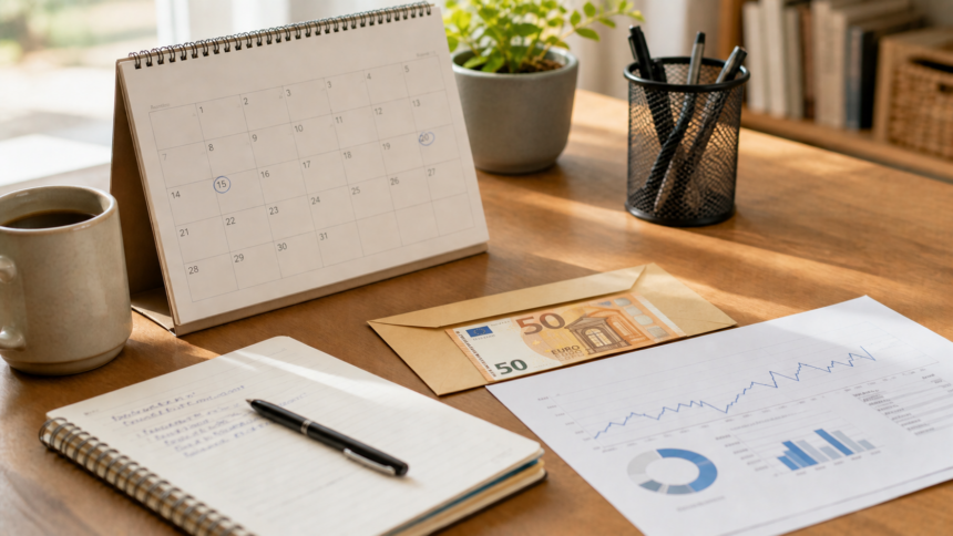 Bureau d’investisseur avec calendrier économique, graphiques boursiers, carnet et enveloppe contenant des euros