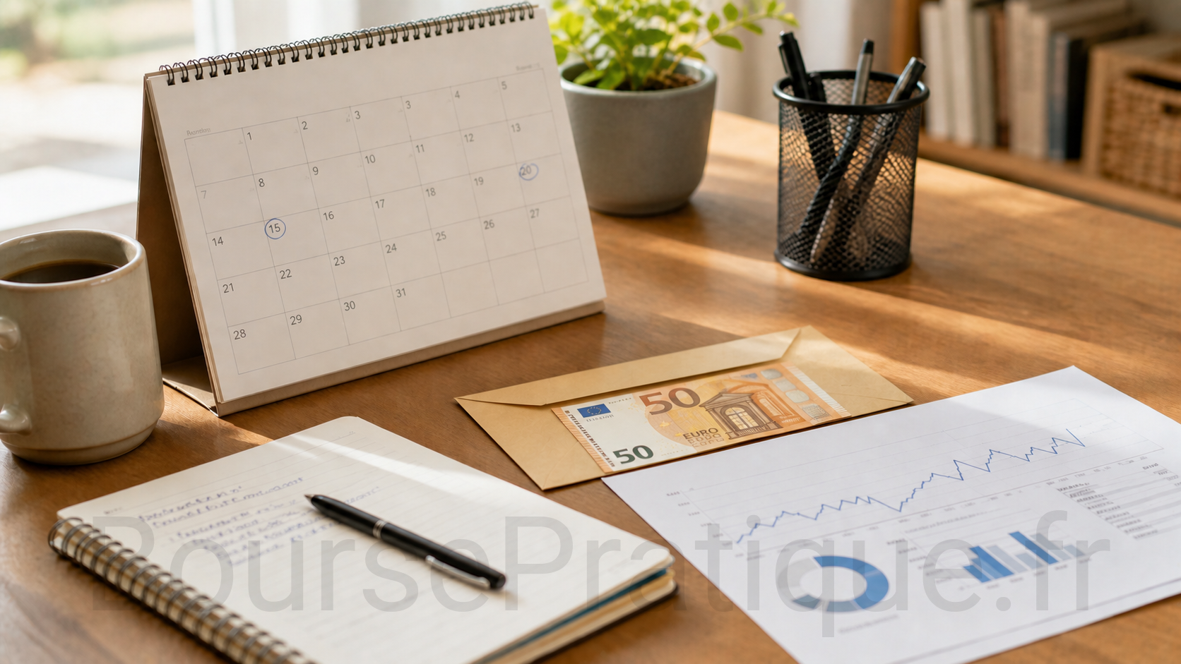 Bureau d’investisseur avec calendrier économique, graphiques boursiers, carnet et enveloppe contenant des euros