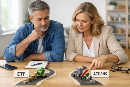 Couple d’investisseurs comparant ETF et actions pour diversifier leur portefeuille boursier