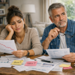 Couple d’investisseurs stressés face à une forte baisse boursière et un graphique en chute avec questions Buy ou Sell