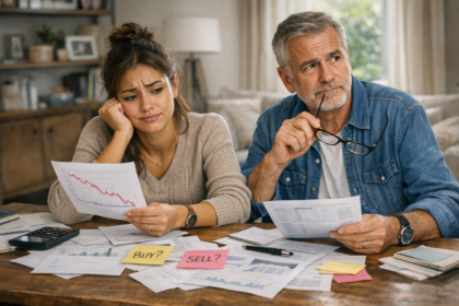 Couple d’investisseurs stressés face à une forte baisse boursière et un graphique en chute avec questions Buy ou Sell