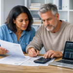 Couple d’investisseurs analysant ensemble documents financiers, calculatrice et graphique boursier sur ordinateur