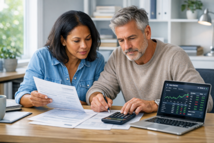Couple d’investisseurs analysant ensemble documents financiers, calculatrice et graphique boursier sur ordinateur