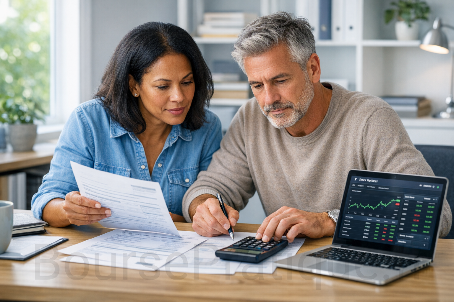 Couple d’investisseurs analysant ensemble documents financiers, calculatrice et graphique boursier sur ordinateur
