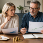 Couple d’investisseurs analysant ensemble graphiques de croissance et barres de performance pour leur portefeuille boursier