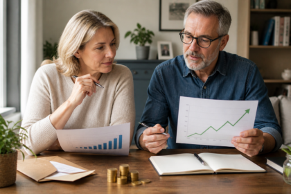 Couple d’investisseurs analysant ensemble graphiques de croissance et barres de performance pour leur portefeuille boursier