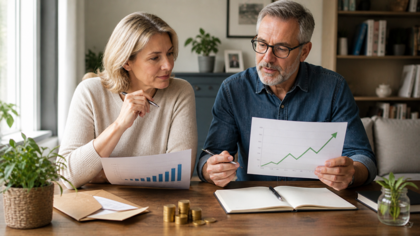 Couple d’investisseurs analysant ensemble graphiques de croissance et barres de performance pour leur portefeuille boursier