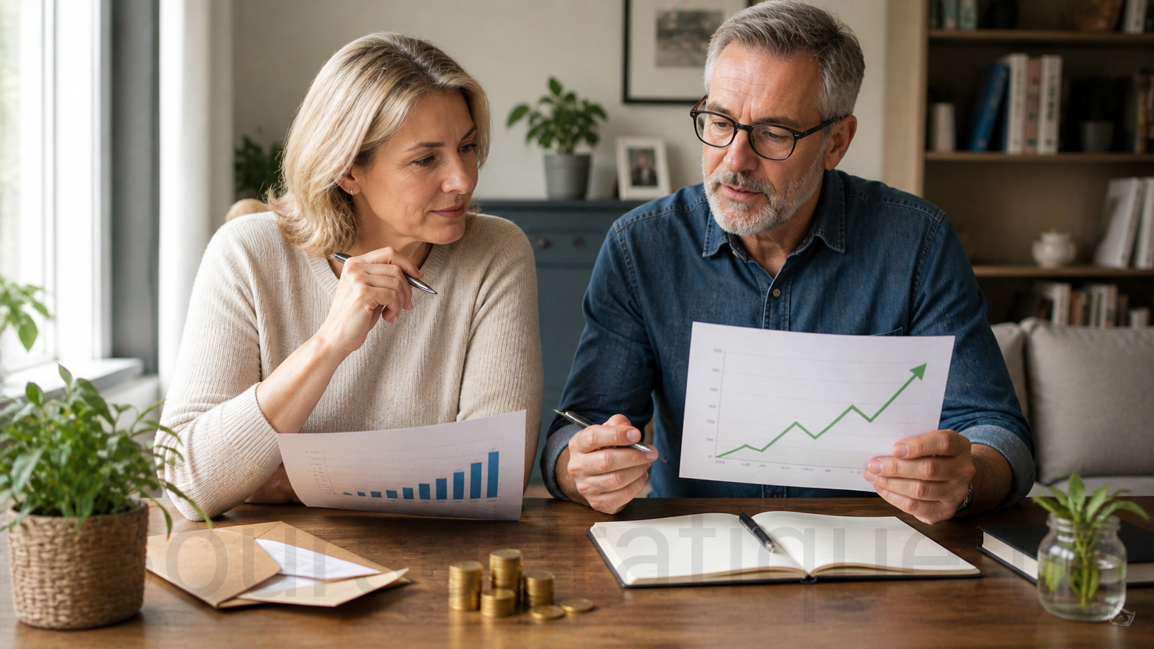 Couple d’investisseurs analysant ensemble graphiques de croissance et barres de performance pour leur portefeuille boursier
