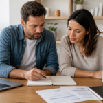 Couple d’investisseurs en pleine planification de leur stratégie boursière autour d’un carnet et ordinateur