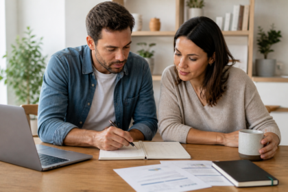 Couple d’investisseurs en pleine planification de leur stratégie boursière autour d’un carnet et ordinateur