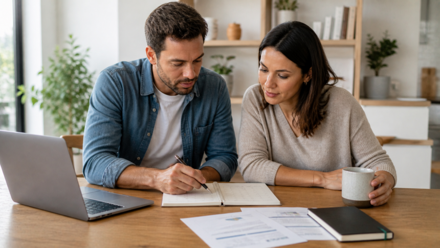 Couple d’investisseurs en pleine planification de leur stratégie boursière autour d’un carnet et ordinateur