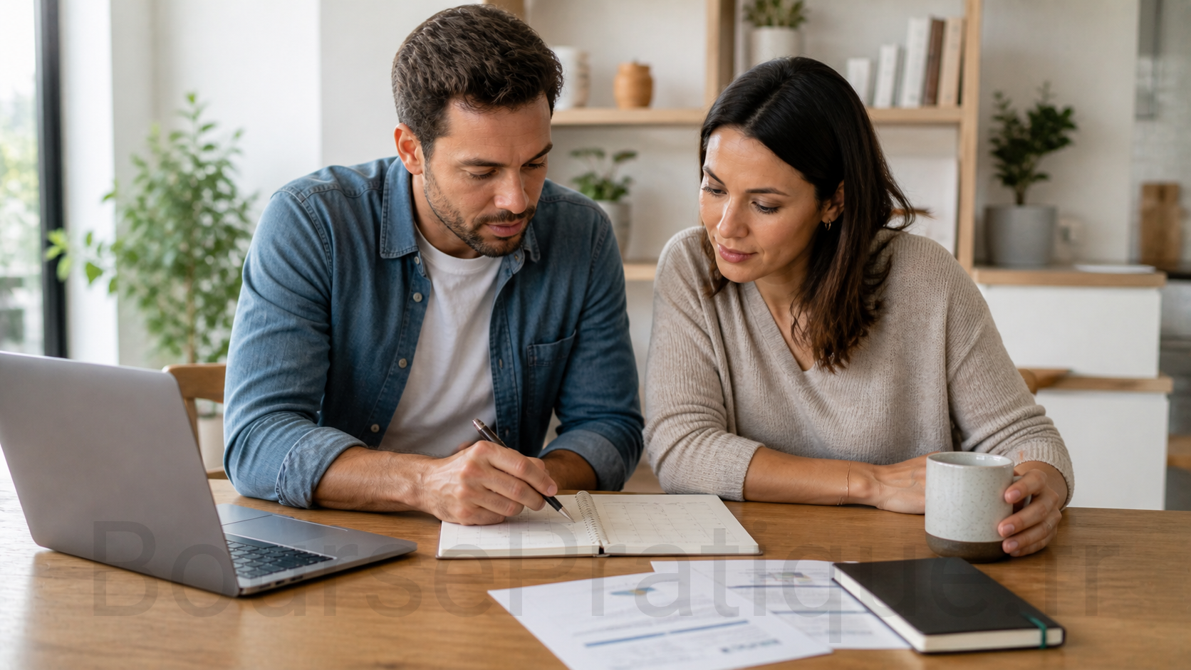 Couple d’investisseurs en pleine planification de leur stratégie boursière autour d’un carnet et ordinateur