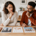Couple d’investisseurs en pleine réflexion sur stratégie patrimoniale avec documents immobilier, carte du monde et banque