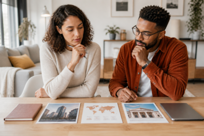 Couple d’investisseurs en pleine réflexion sur stratégie patrimoniale avec documents immobilier, carte du monde et banque