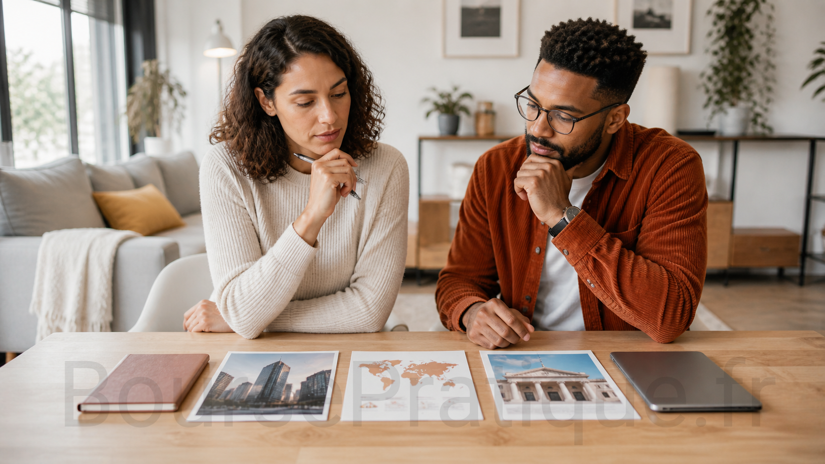 Couple d’investisseurs en pleine réflexion sur stratégie patrimoniale avec documents immobilier, carte du monde et banque