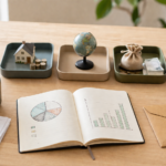 Diversification de patrimoine avec maison, globe, épargne et graphiques sur bureau d’investisseur
