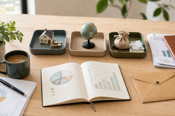 Diversification de patrimoine avec maison, globe, épargne et graphiques sur bureau d’investisseur