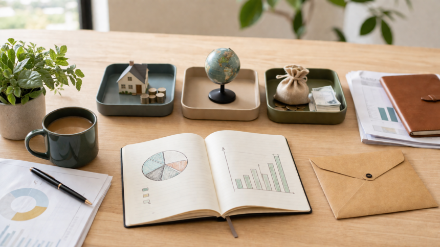 Diversification de patrimoine avec maison, globe, épargne et graphiques sur bureau d’investisseur