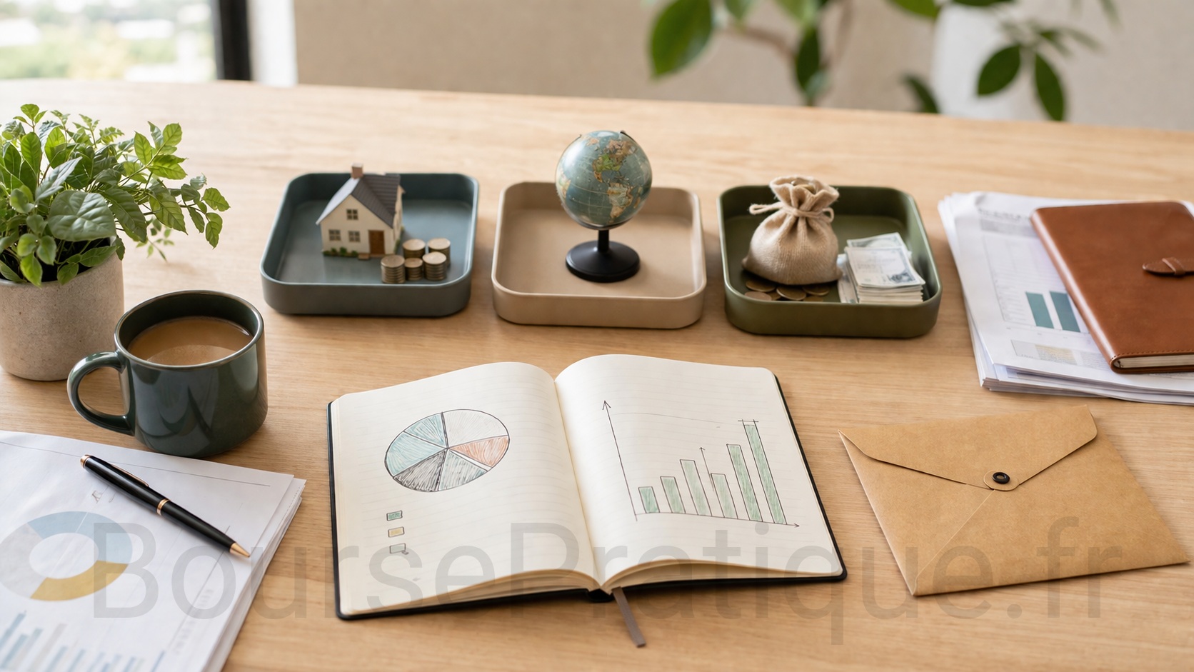 Diversification de patrimoine avec maison, globe, épargne et graphiques sur bureau d’investisseur
