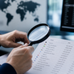 Investisseur analysant en détail une liste d’actions avec loupe : Apple, Microsoft, NVIDIA, Amazon et autres titres boursiers