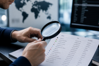 Investisseur analysant en détail une liste d’actions avec loupe : Apple, Microsoft, NVIDIA, Amazon et autres titres boursiers