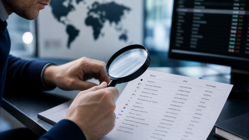 Investisseur analysant en détail une liste d’actions avec loupe : Apple, Microsoft, NVIDIA, Amazon et autres titres boursiers