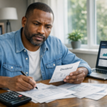 Investisseur boursier analysant documents financiers et portefeuille actions sur bureau