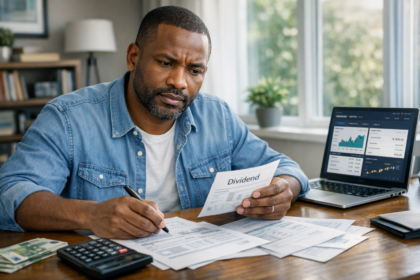 Investisseur boursier analysant documents financiers et portefeuille actions sur bureau