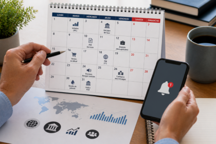 Investisseur consultant son calendrier économique avec notifications sur smartphone pour les événements boursiers
