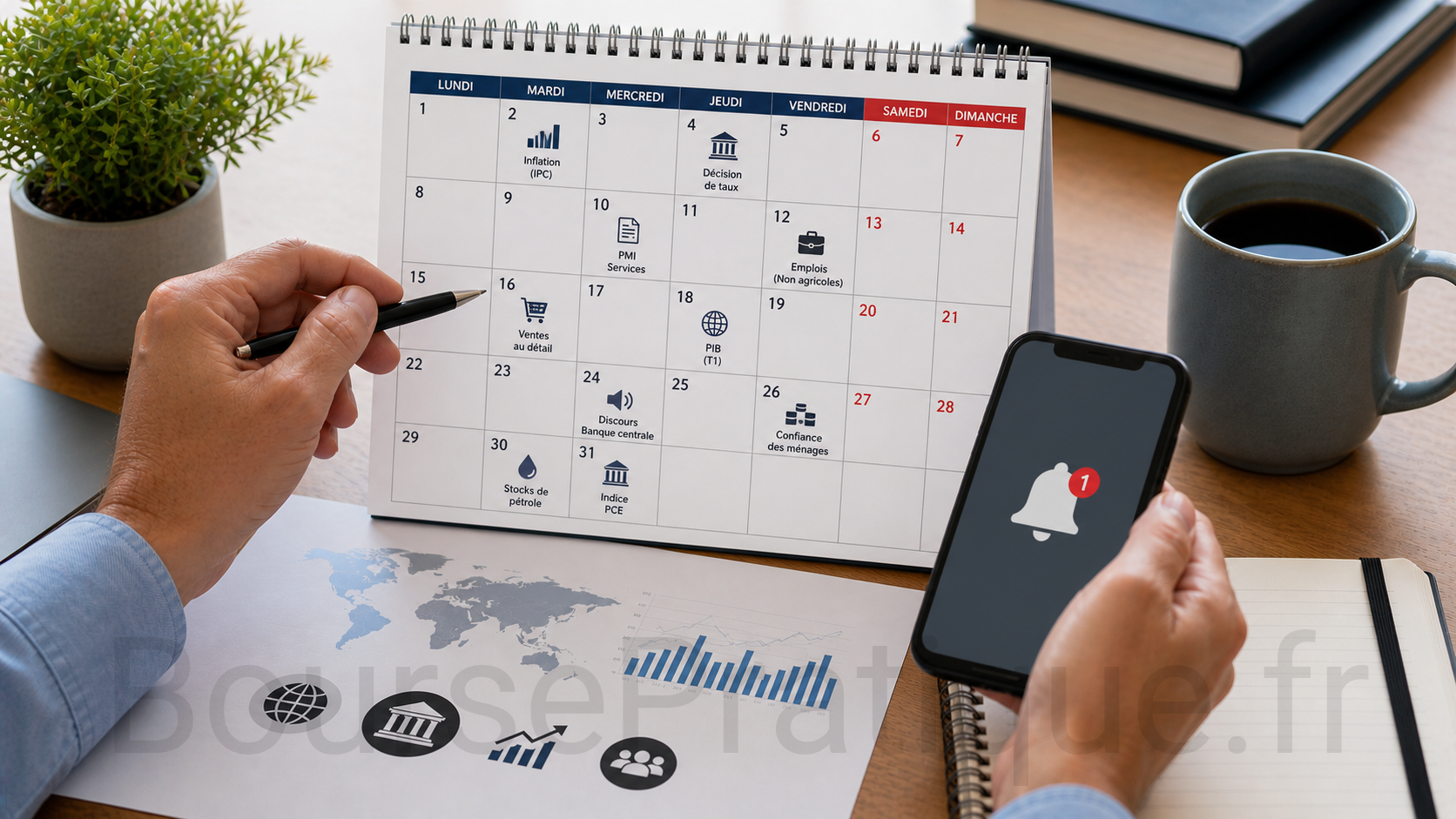 Investisseur consultant son calendrier économique avec notifications sur smartphone pour les événements boursiers