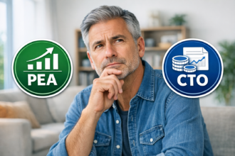 Investisseur expérimenté en pleine réflexion avec icônes PEA et CT0 bourse