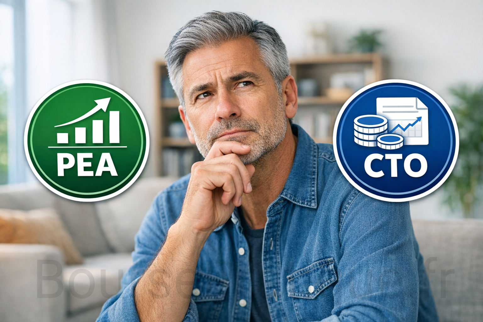 Investisseur expérimenté en pleine réflexion avec icônes PEA et CT0 bourse