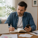 Investisseur particulier écrivant dans son carnet tout en consultant son smartphone et son calendrier boursier