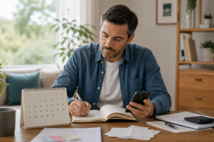 Investisseur particulier écrivant dans son carnet tout en consultant son smartphone et son calendrier boursier