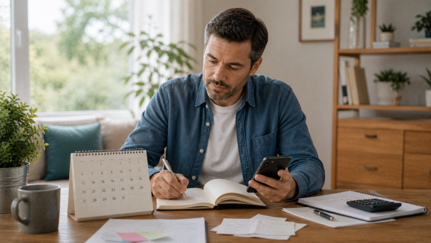 Investisseur particulier écrivant dans son carnet tout en consultant son smartphone et son calendrier boursier