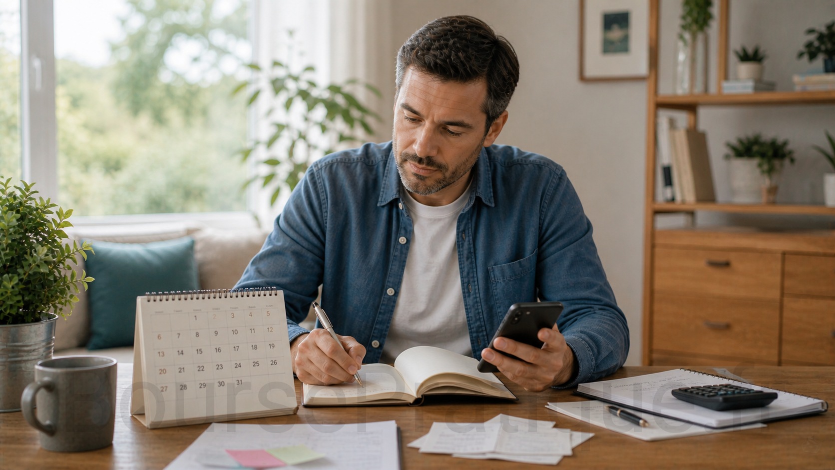 Investisseur particulier écrivant dans son carnet tout en consultant son smartphone et son calendrier boursier
