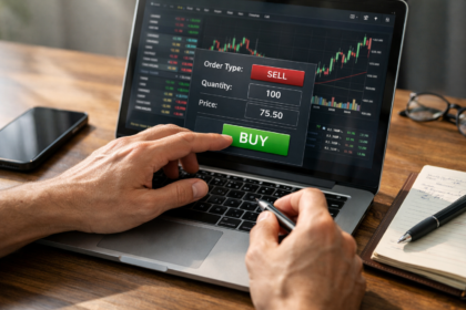 Investisseur passant un ordre d’achat BUY sur plateforme de trading avec graphiques boursiers en direct