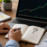 Investisseur perplexe face à un graphique boursier haussier avec un grand point d’interrogation dans son carnet d’analyse