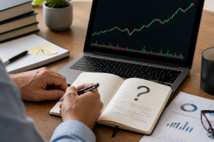 Investisseur perplexe face à un graphique boursier haussier avec un grand point d’interrogation dans son carnet d’analyse