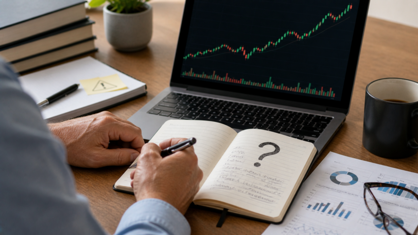 Investisseur perplexe face à un graphique boursier haussier avec un grand point d’interrogation dans son carnet d’analyse