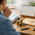 Investisseur en pleine réflexion devant son bureau avec pièces, documents financiers, calendrier et enveloppe